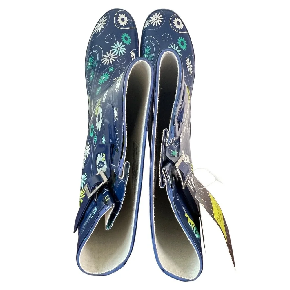Western Chief Womens Daisy Paisley Navy Blue Rubber Rain Boots Size 9 840135 NEW